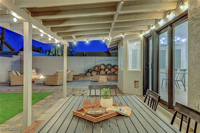 58 Pleasant Dale Dr, Henderson, NV 89074 - fenced backyard featuring outdoor lounge area, a patio area, and a wooden deck