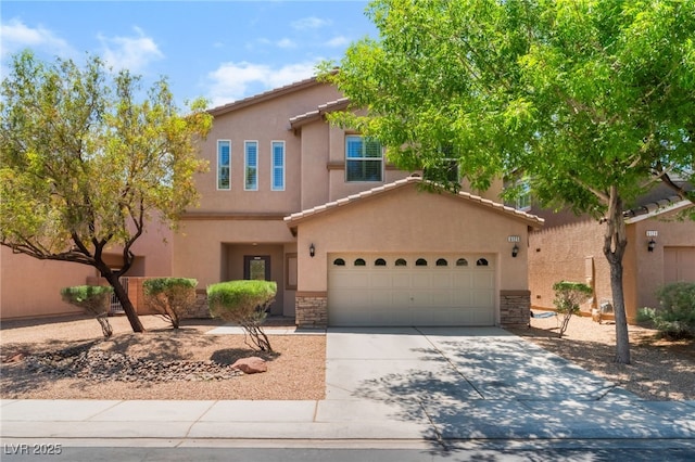 6125 Paddleboat St, North Las Vegas, NV 89031 - view of front facade featuring driveway, stucco siding, stone siding, and an attached garage