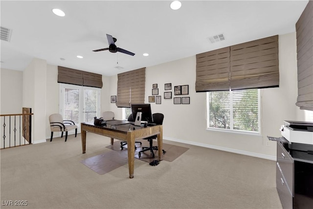 6739 Quapaw St, Las Vegas, NV 89149 - office space featuring ceiling fan, light colored carpet, baseboards, recessed lighting, and healthy amount of natural light