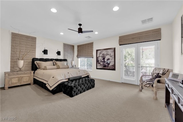 6739 Quapaw St, Las Vegas, NV 89149 - bedroom with access to exterior, light carpet, recessed lighting, baseboards, and ceiling fan