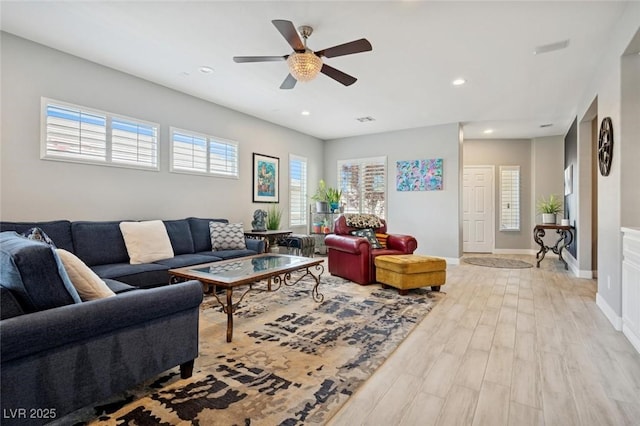 2425 Sturrock Dr, Henderson, NV 89044 - living room with a ceiling fan, wood finished floors, recessed lighting, and baseboards
