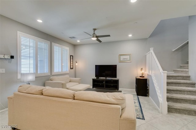 2870 Turnstone Ridge St, Henderson, NV 89044 - living room with stairway, a ceiling fan, recessed lighting, and baseboards