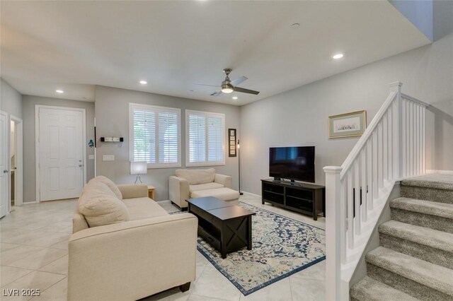 2870 Turnstone Ridge St, Henderson, NV 89044 - living area featuring a ceiling fan, light tile patterned flooring, recessed lighting, stairway, and baseboards