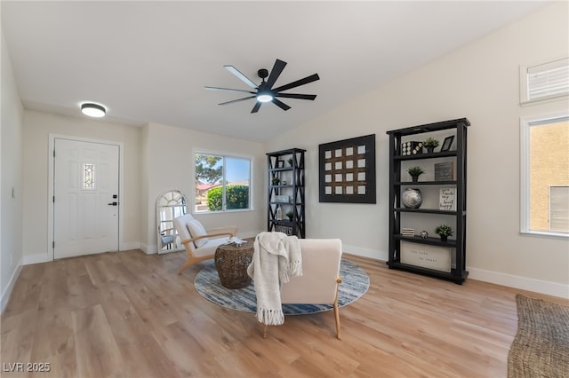 9705 Standard Ave, Las Vegas, NV 89129 - entryway featuring light wood-style flooring, ceiling fan, baseboards, and vaulted ceiling
