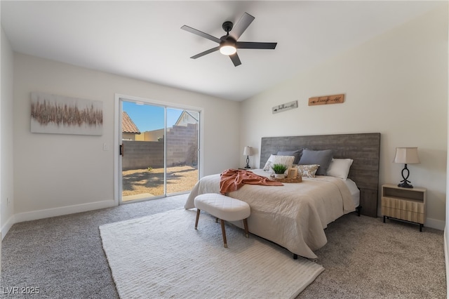 9705 Standard Ave, Las Vegas, NV 89129 - bedroom featuring access to exterior, carpet, baseboards, lofted ceiling, and a ceiling fan