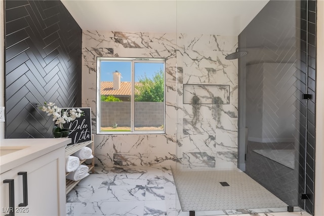 9705 Standard Ave, Las Vegas, NV 89129 - bathroom with marble finish flooring, a stall shower, and vanity