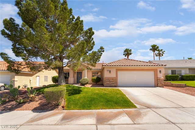 9705 Standard Ave, Las Vegas, NV 89129 - view of front facade featuring stone siding, a garage, driveway, stucco siding, and a front yard