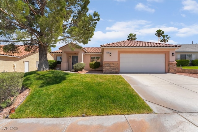9705 Standard Ave, Las Vegas, NV 89129 - mediterranean / spanish-style house with stone siding, a garage, a front lawn, driveway, and stucco siding
