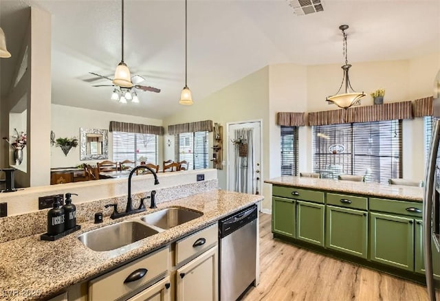 3473 Conough Ln, Las Vegas, NV 89129 - kitchen with green cabinets, dishwasher, a sink, lofted ceiling, and light wood-style flooring