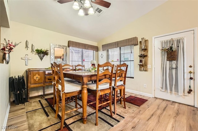 3473 Conough Ln, Las Vegas, NV 89129 - dining space with ceiling fan, light wood-style flooring, vaulted ceiling, and baseboards