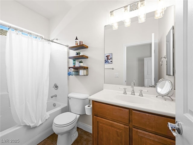 5120 Mirage Garden St, Las Vegas, NV 89130 - full bath featuring vanity, shower / tub combo, toilet, tile patterned flooring, and baseboards