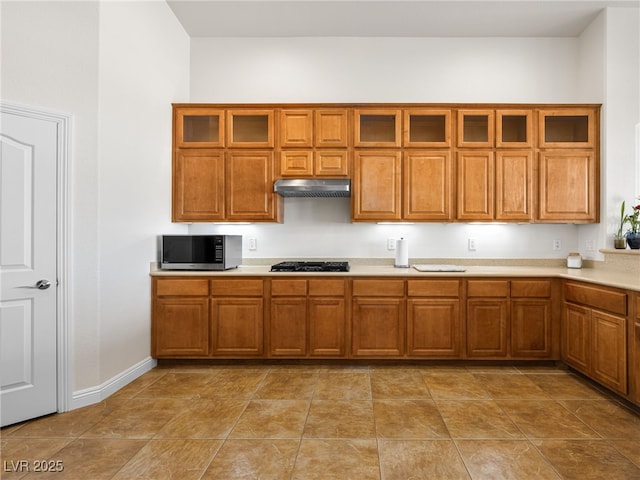 5120 Mirage Garden St, Las Vegas, NV 89130 - kitchen with stainless steel microwave, under cabinet range hood, brown cabinets, and light countertops