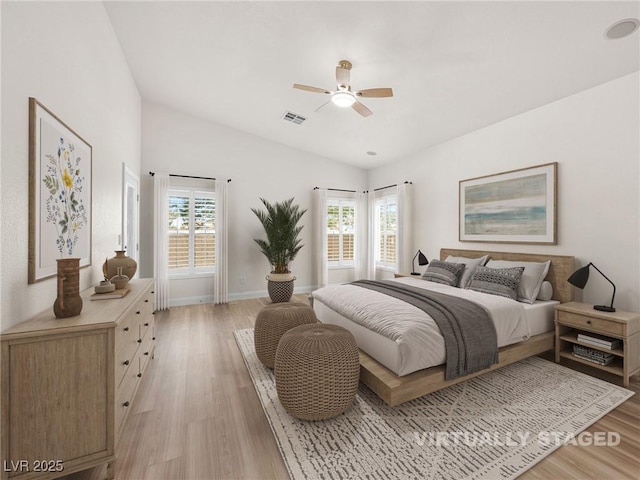 5120 Mirage Garden St, Las Vegas, NV 89130 - bedroom with light wood finished floors, lofted ceiling, baseboards, and ceiling fan