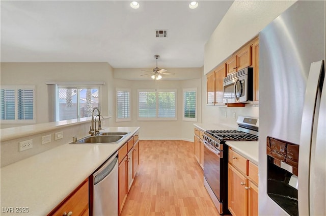 4197 Bottiglia Ave, Las Vegas, NV 89141 - kitchen with stainless steel appliances, a sink, a ceiling fan, light wood-type flooring, and light countertops