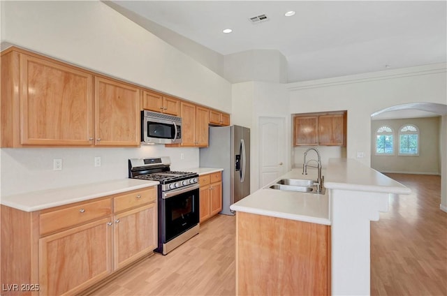 4197 Bottiglia Ave, Las Vegas, NV 89141 - kitchen featuring stainless steel appliances, a sink, arched walkways, light wood finished floors, and light countertops