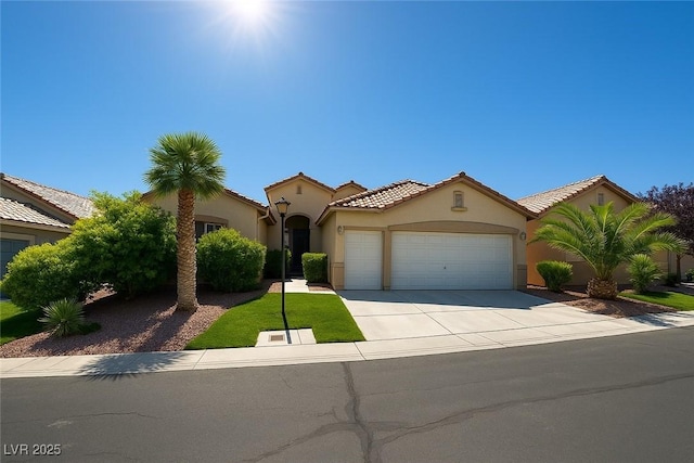10645 Alpine Frost Ct, Las Vegas, NV 89129 - mediterranean / spanish home featuring a garage, stucco siding, driveway, and a tiled roof