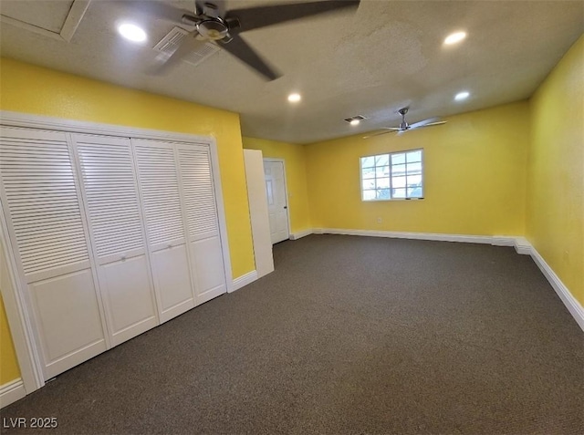 6231 Santa Maria Ave, Las Vegas, NV 89108 - unfurnished bedroom featuring recessed lighting, baseboards, dark colored carpet, a closet, and ceiling fan