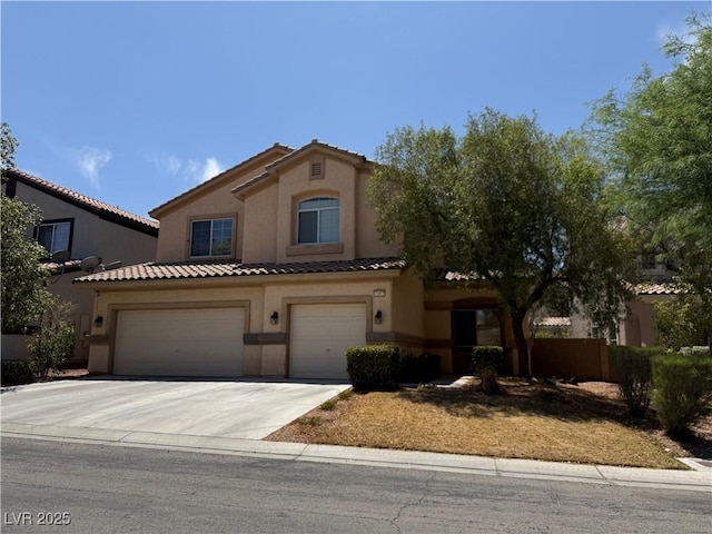 11457 Steponia Bay St, Las Vegas, NV 89141 - mediterranean / spanish-style house featuring stucco siding, an attached garage, driveway, and a tile roof