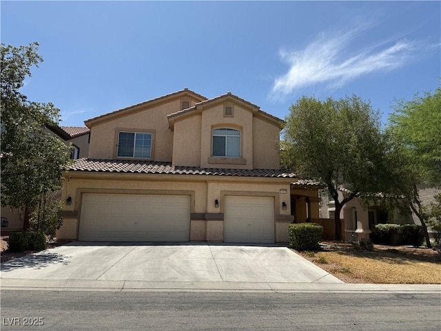 11457 Steponia Bay St, Las Vegas, NV 89141 - mediterranean / spanish-style house featuring a garage, stucco siding, driveway, and a tile roof