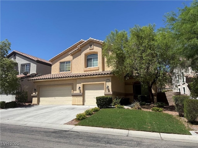 11457 Steponia Bay St, Las Vegas, NV 89141 - mediterranean / spanish home with stucco siding, an attached garage, driveway, a tile roof, and a front lawn