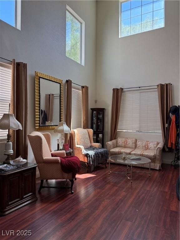 11457 Steponia Bay St, Las Vegas, NV 89141 - living area featuring a high ceiling, wood finished floors, and healthy amount of natural light
