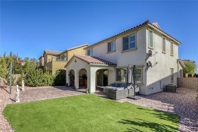 459 Astillero St, Las Vegas, NV 89138 - rear view of property with a patio, an outdoor living space, a tile roof, stucco siding, and central air condition unit