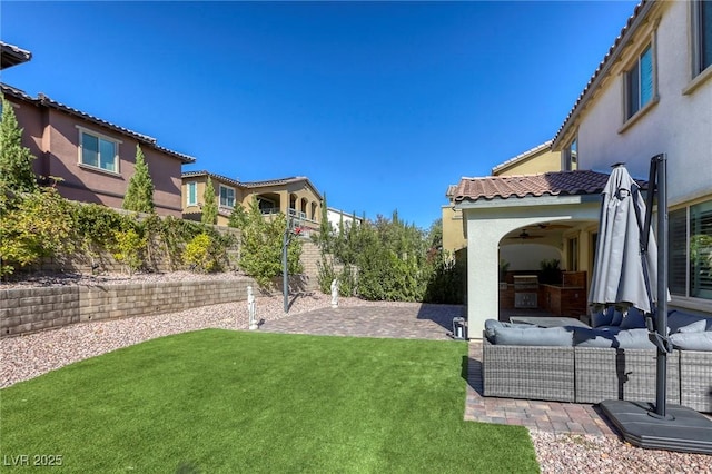 459 Astillero St, Las Vegas, NV 89138 - view of yard with outdoor lounge area, a patio area, and ceiling fan