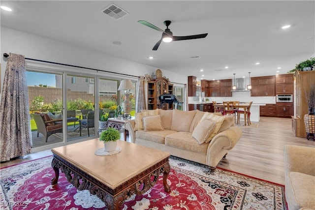 7260 Grace Estate Ave, Las Vegas, NV 89113 - living room featuring light wood-style floors, recessed lighting, and ceiling fan