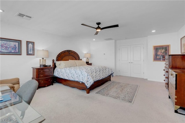 7260 Grace Estate Ave, Las Vegas, NV 89113 - bedroom featuring recessed lighting, carpet floors, a closet, and a ceiling fan