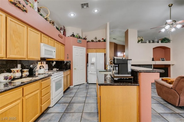 1017 Guided Dancer Ave, Henderson, NV 89015 - kitchen featuring white appliances, open floor plan, backsplash, a ceiling fan, and light brown cabinets