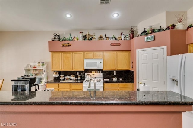 1017 Guided Dancer Ave, Henderson, NV 89015 - kitchen featuring white appliances, light brown cabinets, backsplash, dark stone countertops, and recessed lighting