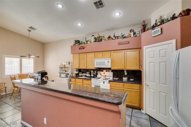 1017 Guided Dancer Ave, Henderson, NV 89015 - kitchen with white appliances, backsplash, light brown cabinetry, light tile patterned floors, and a center island