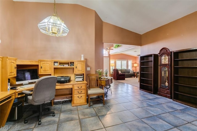1017 Guided Dancer Ave, Henderson, NV 89015 - office with a chandelier, high vaulted ceiling, and dark tile patterned flooring