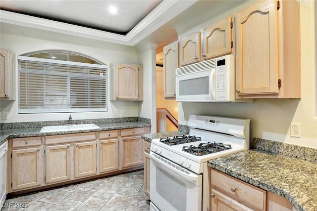 8725 Red Rio Dr Unit 203, Las Vegas, NV 89128 - kitchen with white appliances, light brown cabinetry, a sink, and ornamental molding