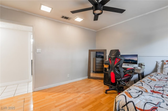 6608 Burgundy Way, Las Vegas, NV 89107 - bedroom with light wood-style floors, baseboards, crown molding, and a ceiling fan