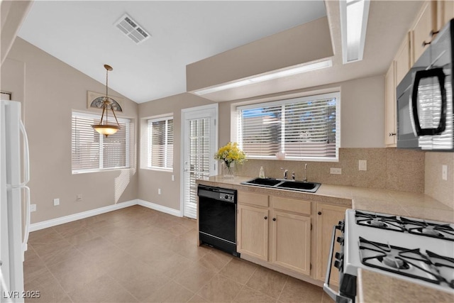 104 Hutton Ln, Las Vegas, NV 89145 - kitchen with black appliances, a sink, backsplash, hanging light fixtures, and light brown cabinetry