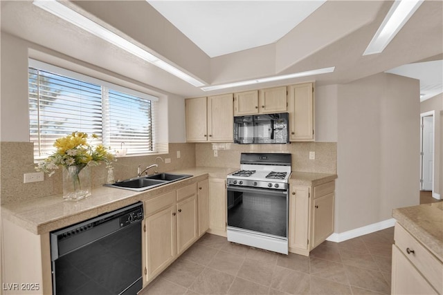 104 Hutton Ln, Las Vegas, NV 89145 - kitchen featuring black appliances, a sink, light countertops, decorative backsplash, and a tray ceiling