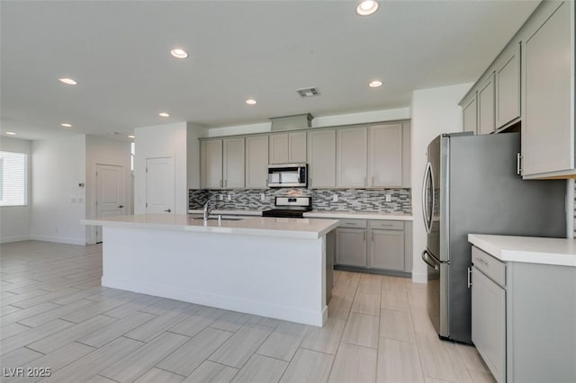 4633 Fragrant St, North Las Vegas, NV 89031 - kitchen with appliances with stainless steel finishes, gray cabinetry, decorative backsplash, a sink, and light countertops