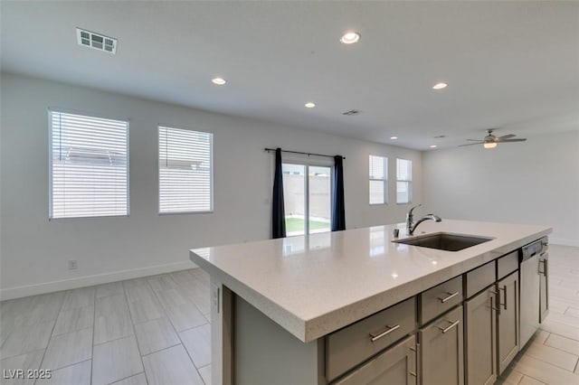 4633 Fragrant St, North Las Vegas, NV 89031 - kitchen featuring a sink, recessed lighting, gray cabinetry, a ceiling fan, and baseboards