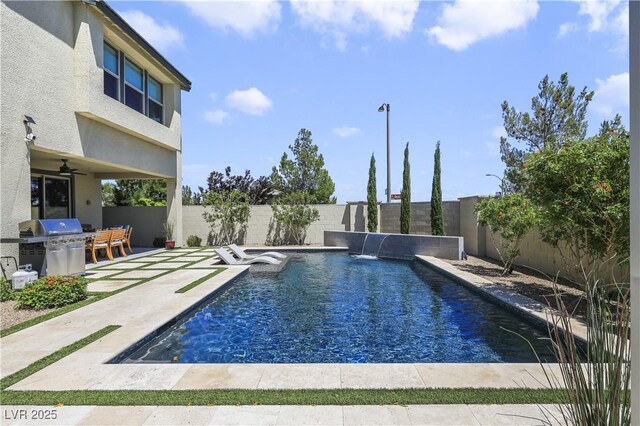 10297 Sierra Skye Ave, Las Vegas, NV 89166 - view of swimming pool featuring a fenced backyard, a patio area, grilling area, and a ceiling fan