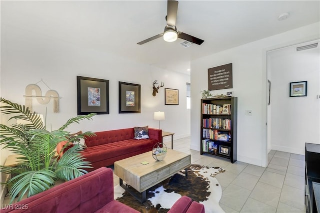 10297 Sierra Skye Ave, Las Vegas, NV 89166 - living area featuring a ceiling fan, light tile patterned floors, and baseboards