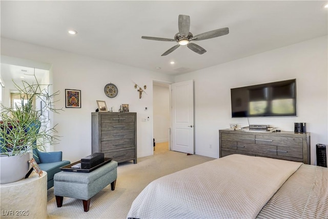 10297 Sierra Skye Ave, Las Vegas, NV 89166 - bedroom featuring light carpet, recessed lighting, and a ceiling fan