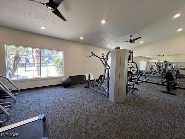 5260 Mission Monterey Ln Unit 208, Las Vegas, NV 89107 - exercise room with a ceiling fan, carpet floors, recessed lighting, baseboards, and a textured ceiling