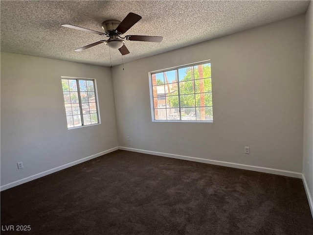5260 Mission Monterey Ln Unit 208, Las Vegas, NV 89107 - empty room featuring a textured ceiling, dark carpet, a ceiling fan, and baseboards