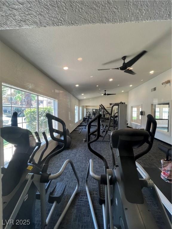5260 Mission Monterey Ln Unit 208, Las Vegas, NV 89107 - exercise room featuring carpet flooring, plenty of natural light, recessed lighting, a textured ceiling, and a ceiling fan