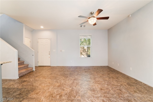 4610 Lime Straight Dr, Las Vegas, NV 89115 - unfurnished living room featuring a ceiling fan, stairway, and recessed lighting