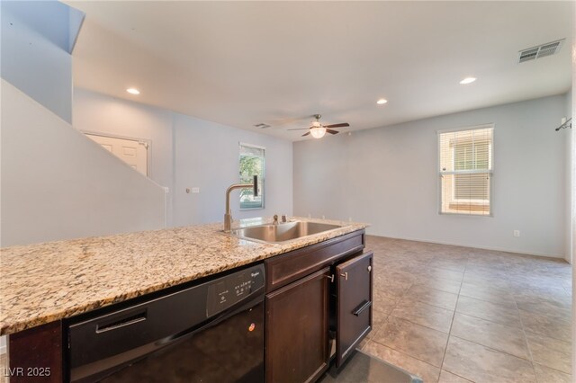 4610 Lime Straight Dr, Las Vegas, NV 89115 - kitchen featuring black dishwasher, a sink, ceiling fan, dark brown cabinetry, and recessed lighting
