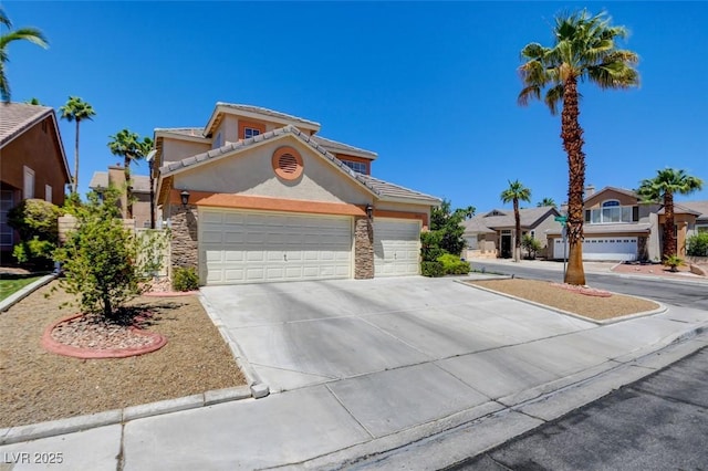 4835 Willow Glen Dr, Las Vegas, NV 89147 - view of front of house with stucco siding, stone siding, a tile roof, and a garage