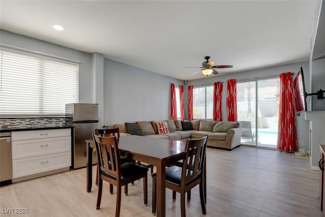 4835 Willow Glen Dr, Las Vegas, NV 89147 - dining space featuring light wood-style floors, ceiling fan, and recessed lighting