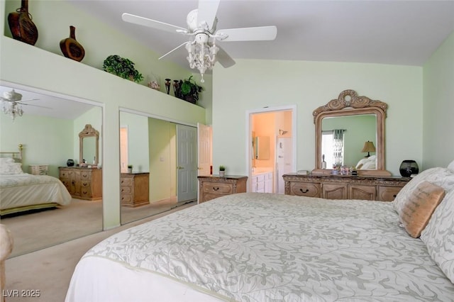 4835 Willow Glen Dr, Las Vegas, NV 89147 - carpeted bedroom with ensuite bathroom, ceiling fan, high vaulted ceiling, and a closet
